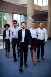 Business executives walking through a modern conference center lobby, engaged in discussions